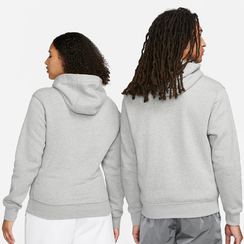 Two people wearing gray hoodies and shorts from the back, on a white background
