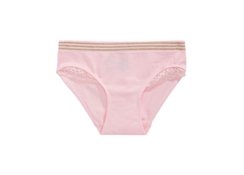 Pink women's underwear with lace trim on a white background