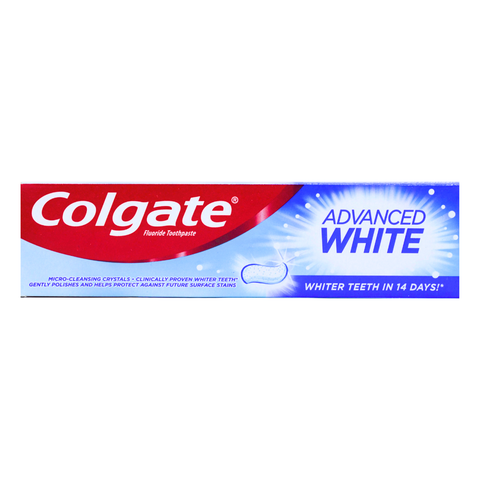 Colgate Advanced White toothpaste tube on a white background