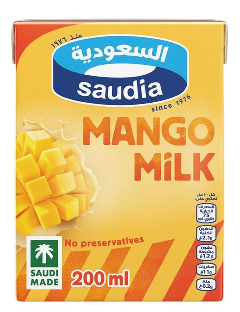 Saudia Mango Milk box with mango pieces on a yellow background