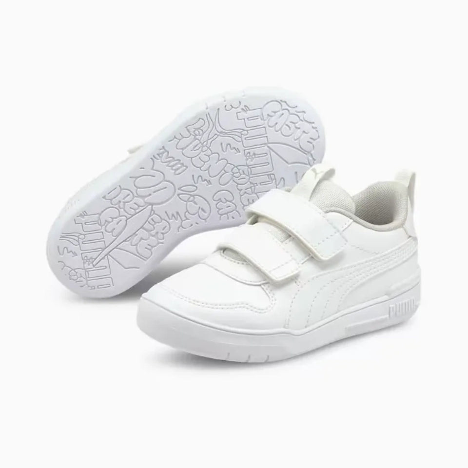 A pair of white toddler sneakers with hook-and-loop straps, shown on a clean white background. One shoe is positioned upright to show the side profile, while the other is turned to display the sole with embossed cartoon details.