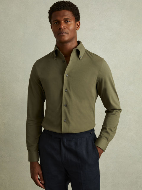 Reiss Men's Olive Green Garment Dyed Cotton Pique Oxford Shirt|Reiss In Lebanon