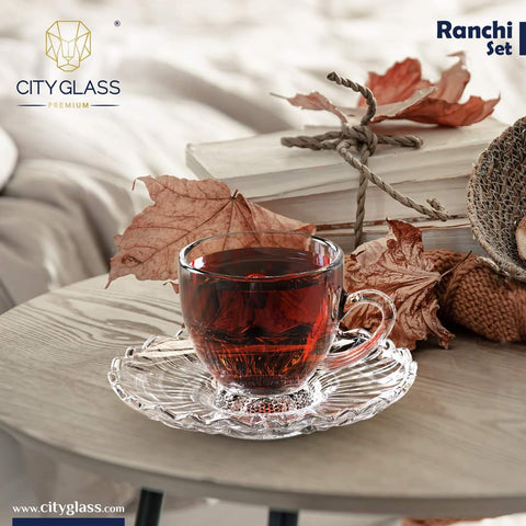 City Glass Ranchi Transparent Tea Cups Set With Saucer 12pc 210ML