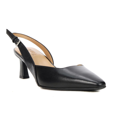 Black high-heeled shoe on a white background