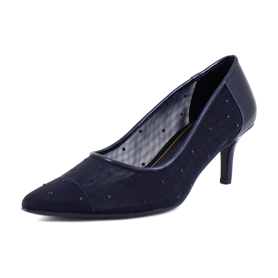 A navy blue pointed-toe kitten heel pump with subtle dotted texture and small blue rhinestone embellishments, shown on a plain white background.