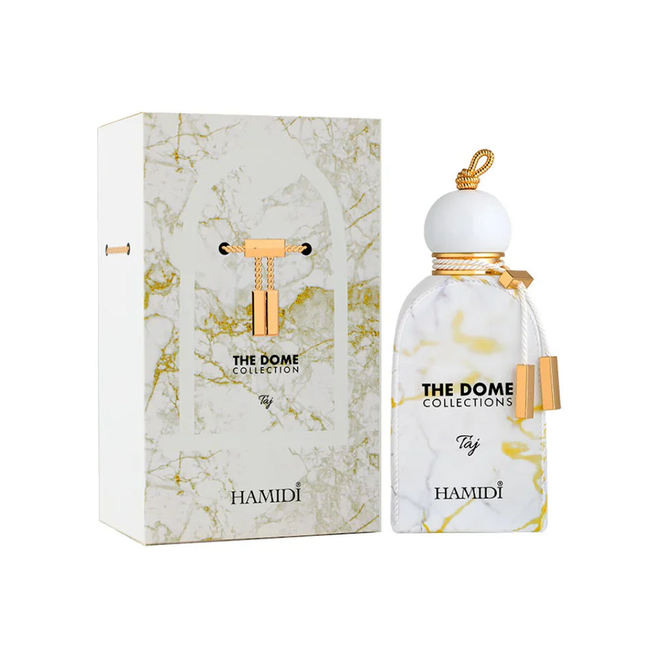 Hamidi Taj perfume bottle and packaging with marble design on a white background