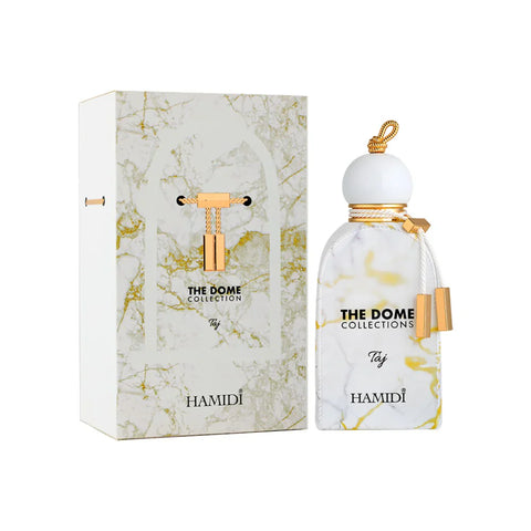 Hamidi Taj perfume bottle and packaging with marble design on a white background