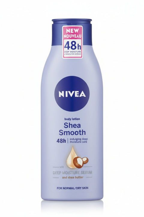 Nivea Shea Smooth body lotion bottle on a blue surface with a red background