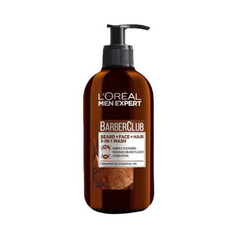 L'Oreal Men Expert Barber Club beard, face, and hair wash bottle on a white background