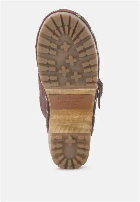 Rag & Co Women's Prunus Brown Buckled Suede Round Toe Mule Clogs | Rag & Co In Lebanon