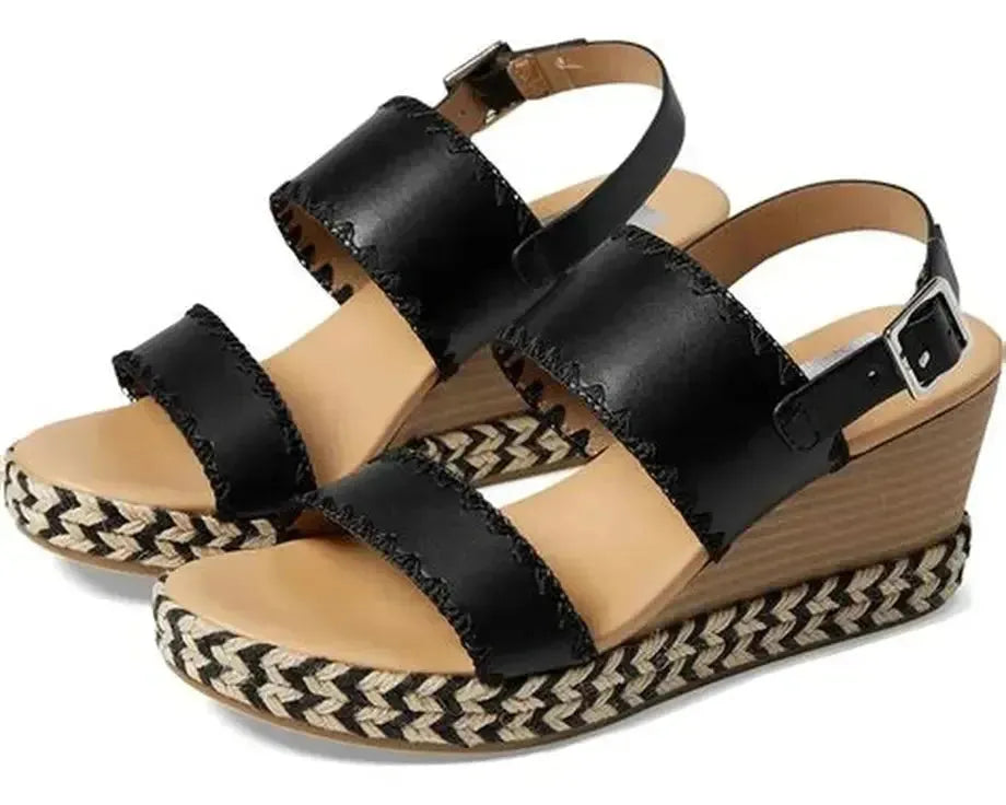 Black and beige wedge sandals with woven sole on a white background