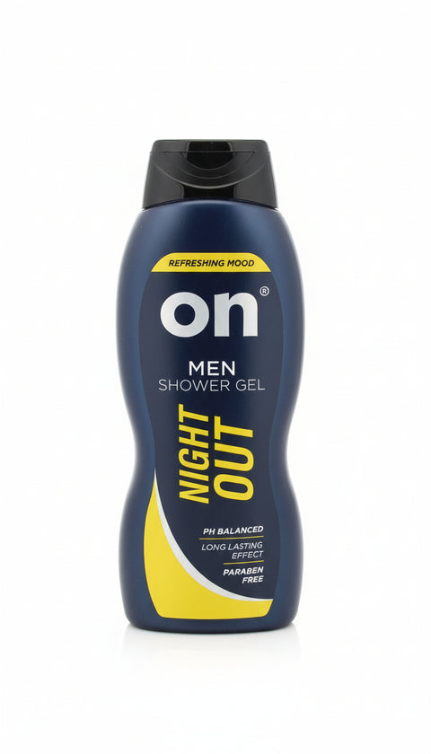 Men's shower gel bottle labeled 'Night Out' on a white surface with a blurred background.