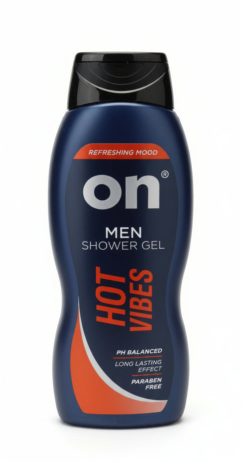 Bottle of 'on' Men Shower Gel with 'Hot Vibes' flavor on a surface.