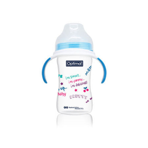 Baby bottle with text and blue handles on a white background