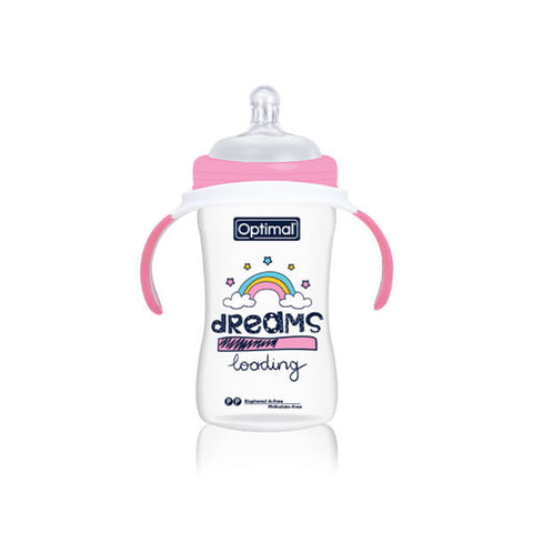 Baby bottle with pink handles and 'Optimal' branding on a white background