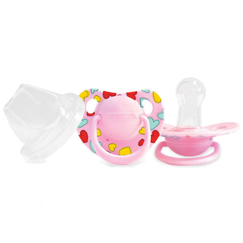 Pink baby pacifier with colorful design on a white background