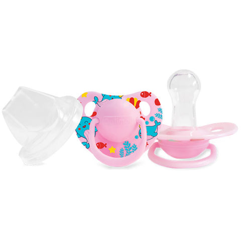 Two pink baby pacifiers with colorful designs on a white background