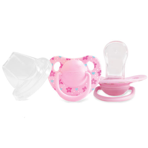 Two pink baby pacifiers with one floral design on a white background