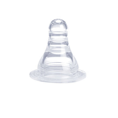 Clear baby bottle nipple on a white background