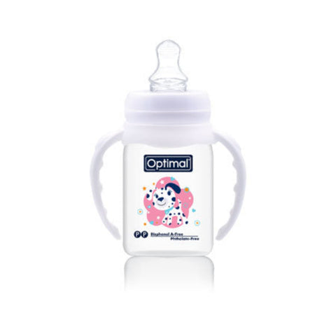 Baby bottle with handle and 'Optimal' branding on a white background