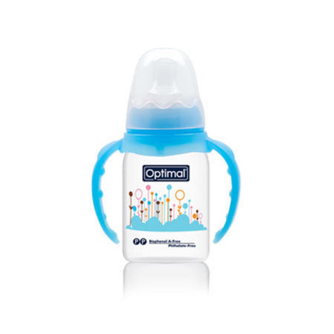 Baby bottle with blue handles and 'Optimal' branding on a white background
