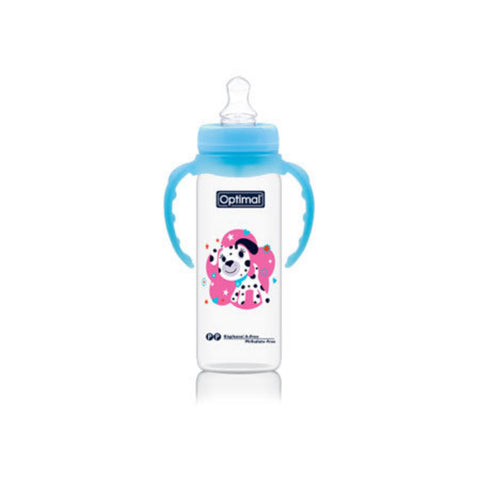 Baby bottle with blue handles and a cartoon character on a white background