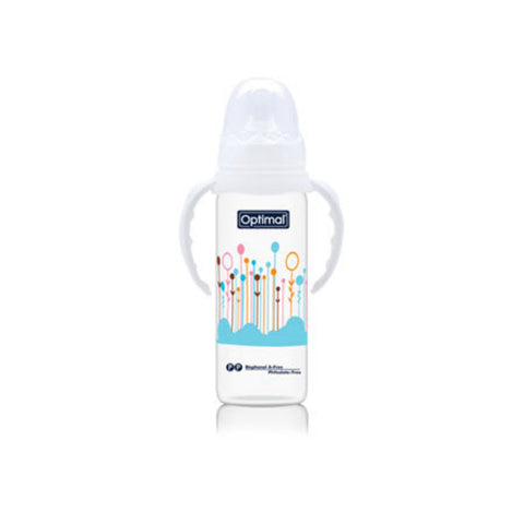 White baby bottle with 'Optimal' branding on a white background