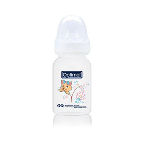 Baby bottle with 'Optimal' label on a white background