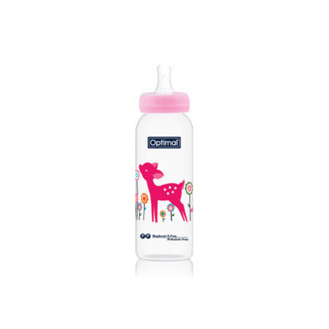 Baby bottle with pink cap and deer design on a white background