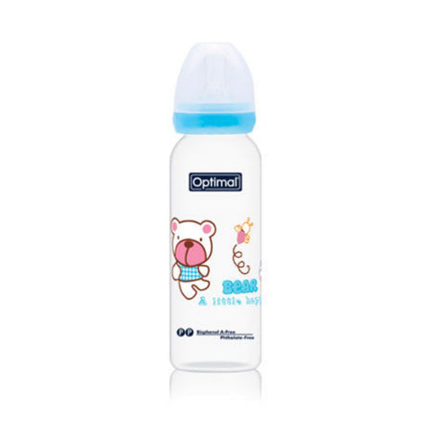 Baby bottle with teddy bear design and 'Optimal' branding on a white background