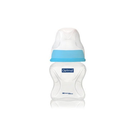 Clear baby bottle with blue cap on a white background