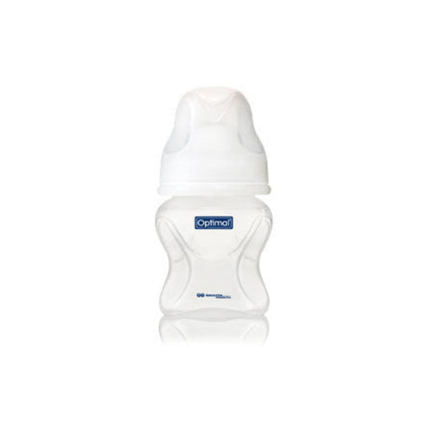 White baby bottle with 'Optimal' label on a white background