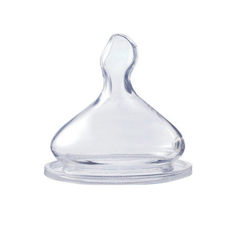 Clear baby bottle nipple on a white background