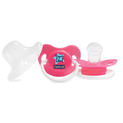 Two pink baby pacifiers with 'Super Dad' and 'Optima!' branding on a white background.