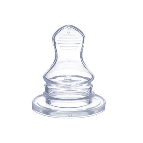 Clear baby bottle nipple on a white background