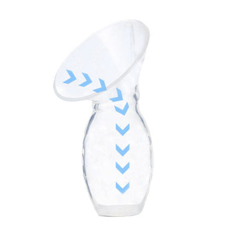 White breast pump with blue arrows on a white background