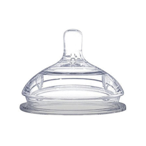 Clear baby bottle nipple on a white background