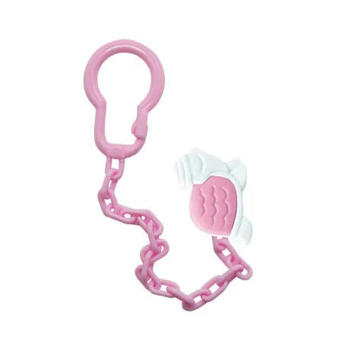 Pink baby teether with chain on a white background