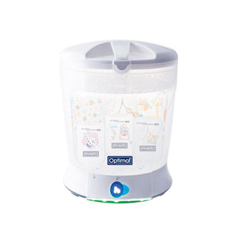 Baby bottle sterilizer with 'Optimal' branding on a white background