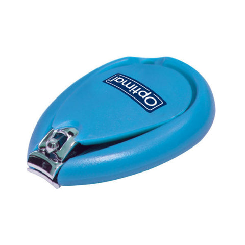 Blue nail clipper with chrome blade on a white background