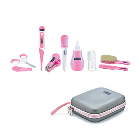 Set of baby care items including a thermometer, nail clippers, and a brush in a gray case on a white background.
