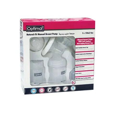 Optimal natural-fit manual breast pump packaging on a white background