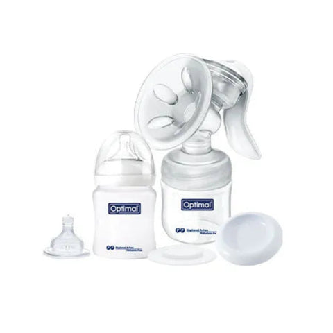 Breast pump and bottle set with 'Optimal' branding on a white background