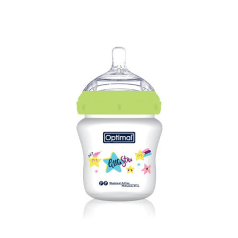 Baby bottle with green cap and 'Optimal' label on a white background