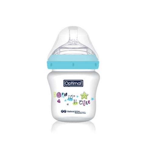 Baby bottle with blue cap and 'Optimal' branding on a white background