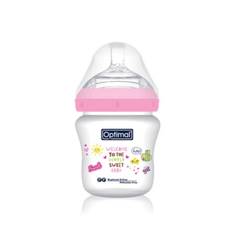 Baby bottle with pink cap and 'Optimal' label on a white background