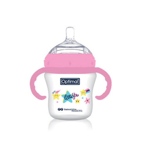 Baby bottle with pink handle and 'Optimal' branding on a white background