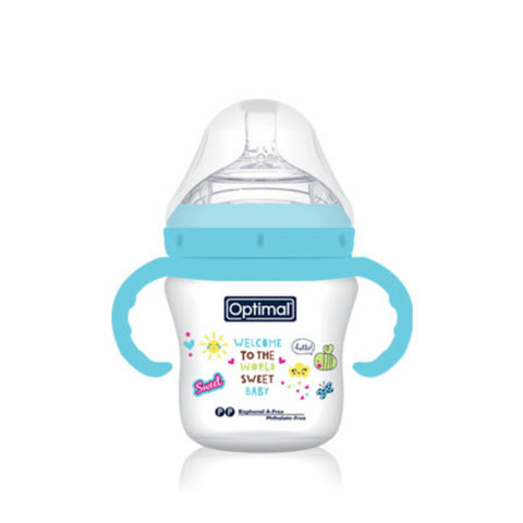 Baby bottle with blue handles and colorful text on a white background