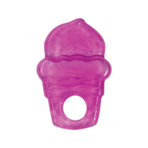 Purple ice cream cone-shaped baby teether on a white background