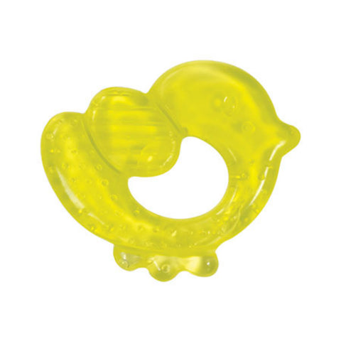 Yellow duck-shaped teething ring on a white background